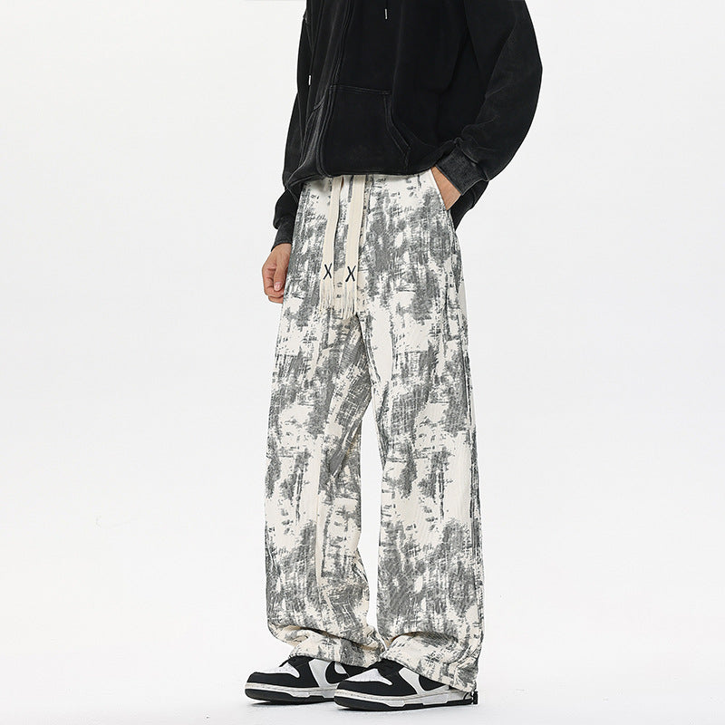 Men's Wide Cut Lounge Pants with Abstract Allover Print, Elastic Waistband and Drawstring Mune Fashion