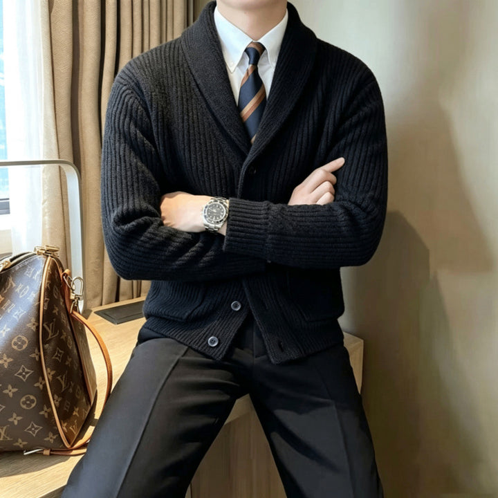 Men's shawl collar knitted cardigan with ribbed texture, button placket, and patch pockets Mune Fashion