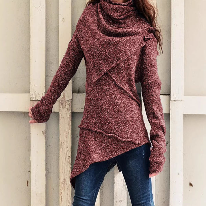 Women's Asymmetrical Boucle Knit Sweater with Large Shawl Collar Mune Fashion