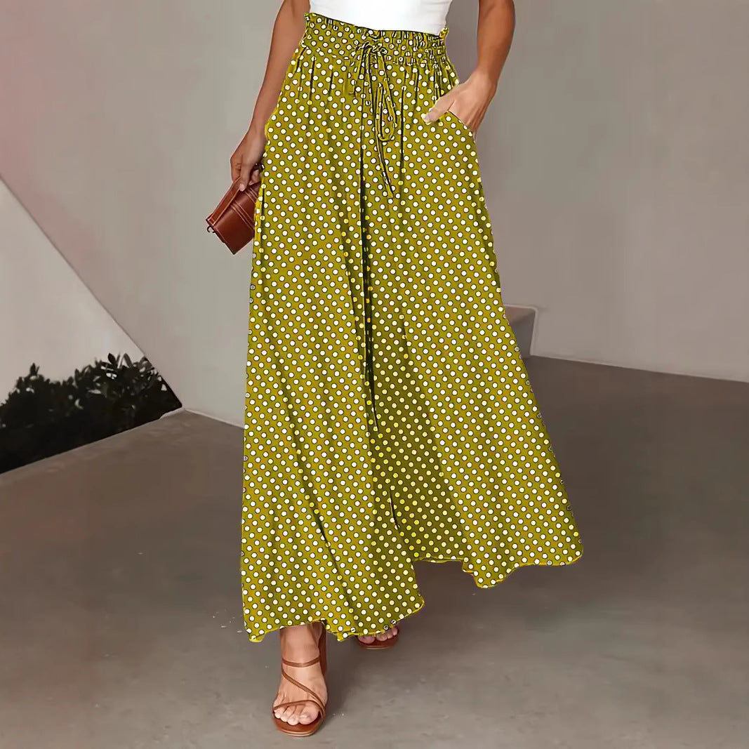 Women's Wide Cut Summer Pants with Polka Dot Design Mune Fashion
