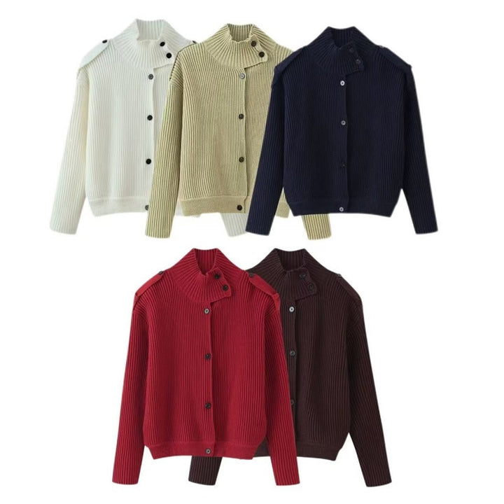 Women's Ribbed Knitted Cardigan with Stand-up Collar and Shoulder Button Detail Mune Fashion