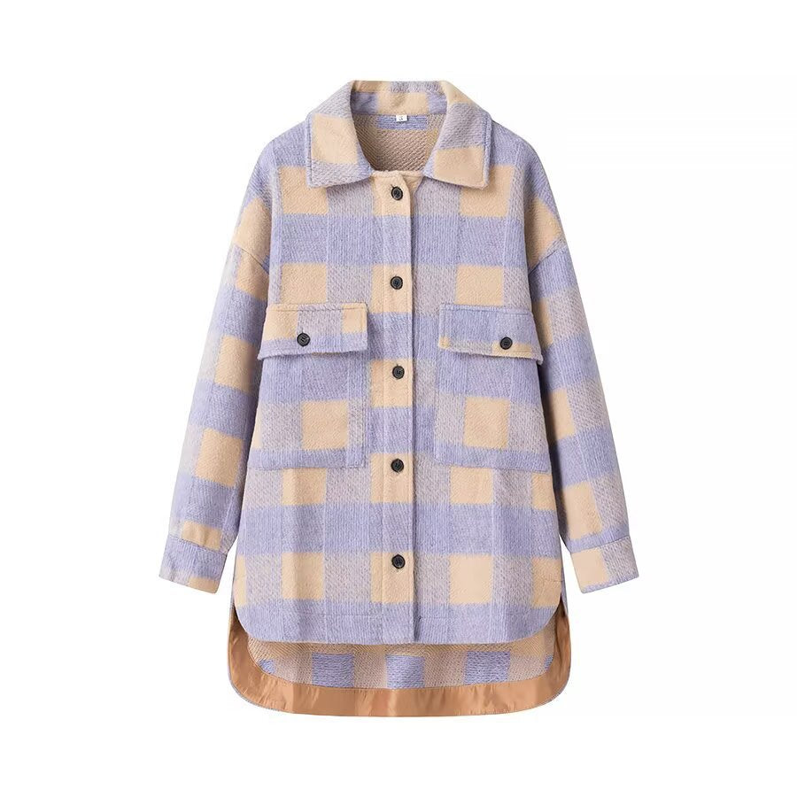 Women's Oversized Shirt Jacket in Check with Large Flap Pockets and Curved Hem Mune Fashion