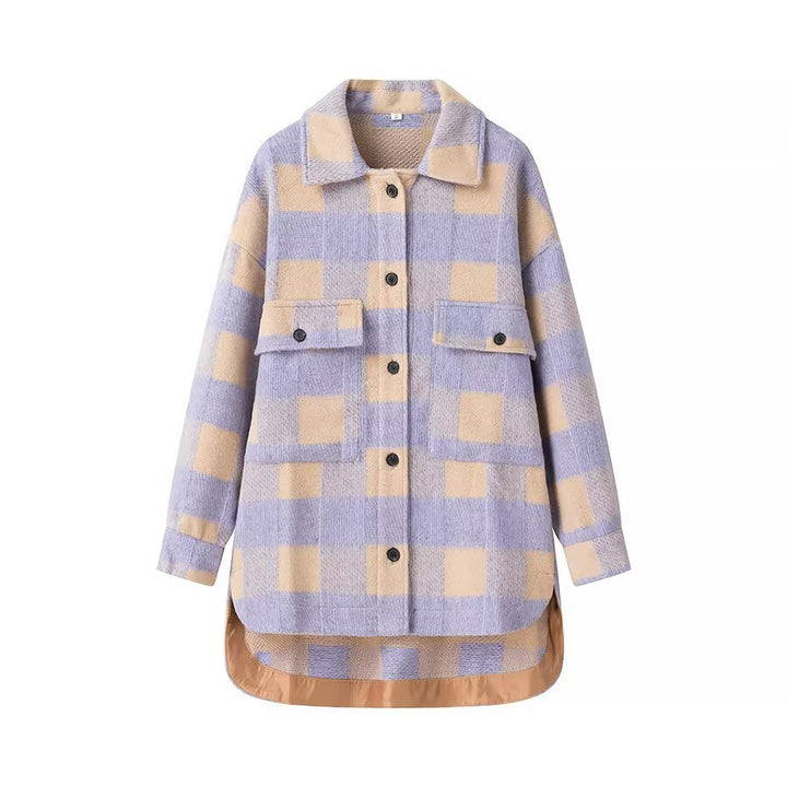Women's Oversized Shirt Jacket in Check with Large Flap Pockets and Curved Hem Mune Fashion