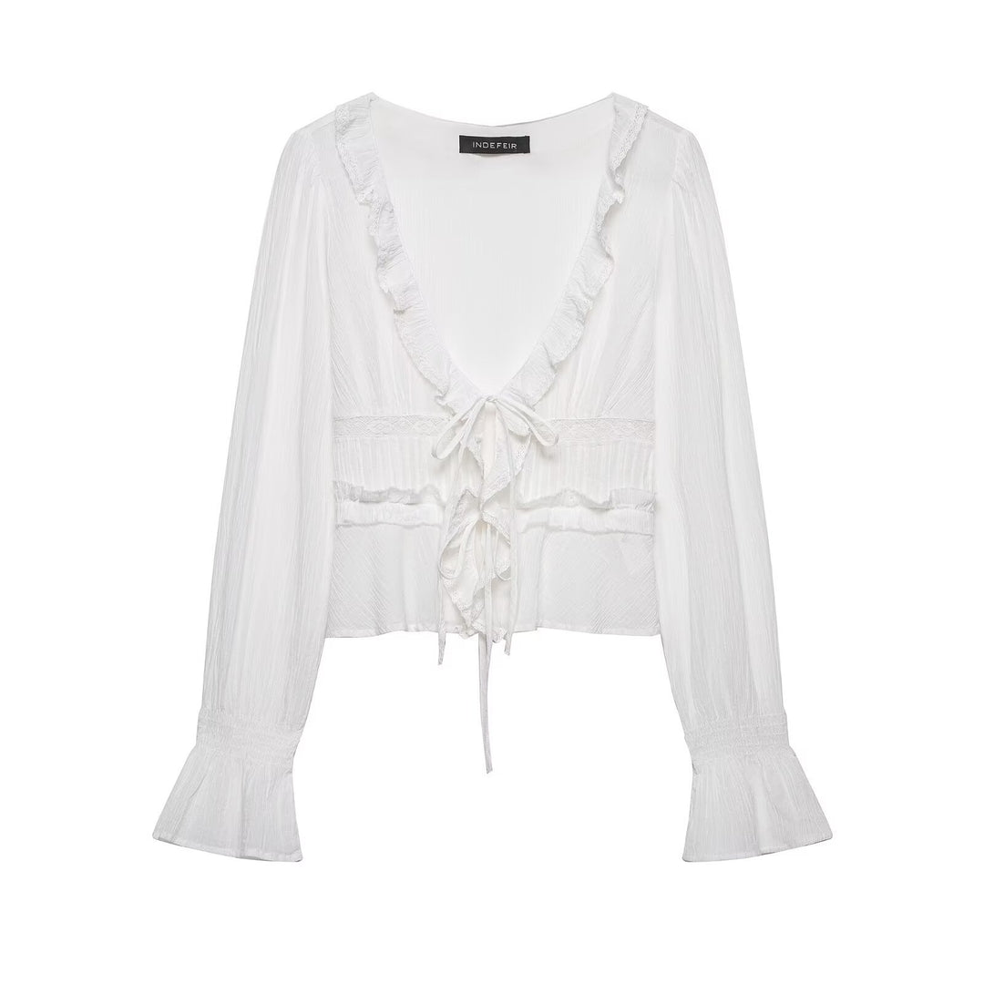 Women Romantic Lace Blouse with Deep V-Neck, Ruffles and Ties Mune Fashion