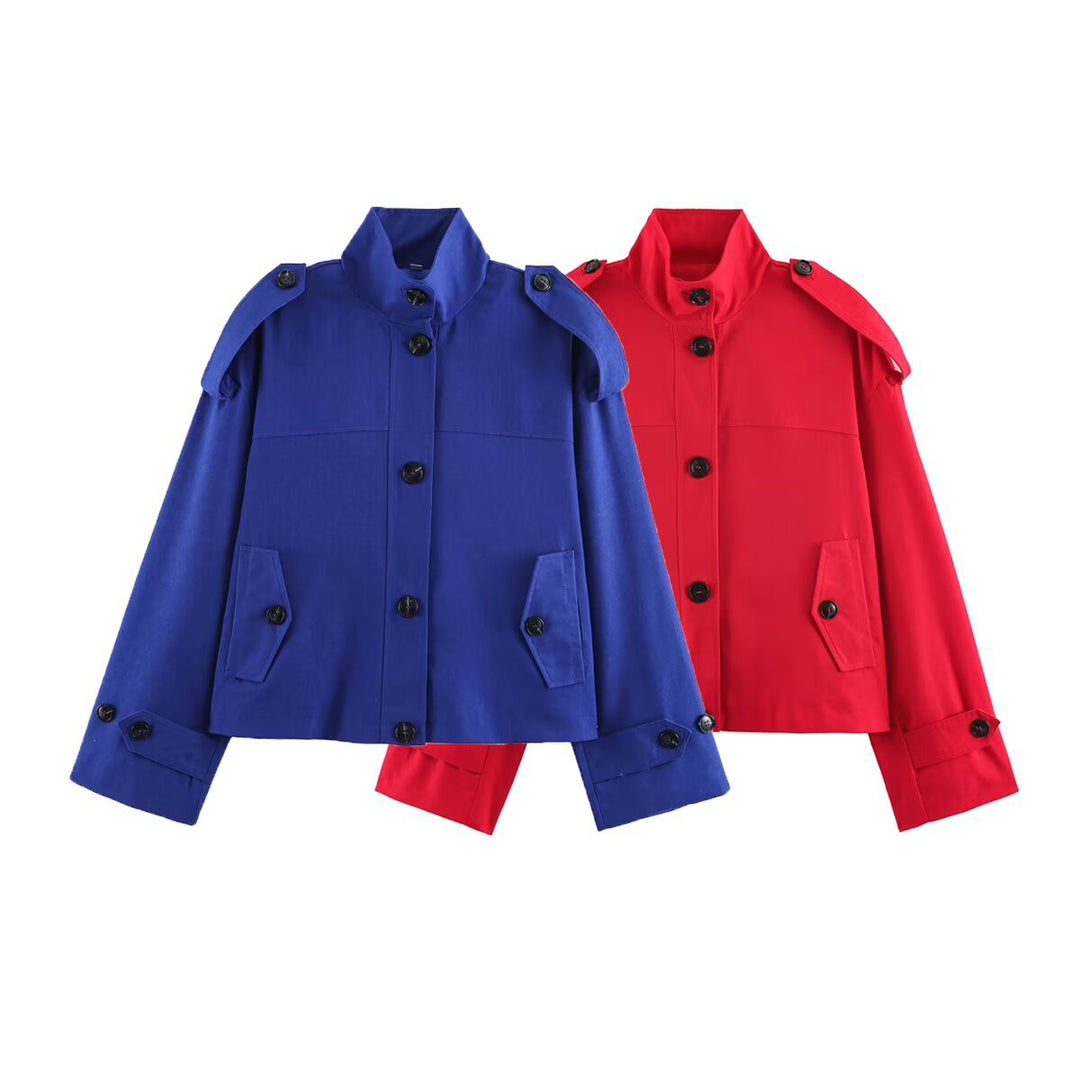 Women's Short Cut Utility Jacket with Stand Collar, Epaulettes and Flap Pockets Mune Fashion