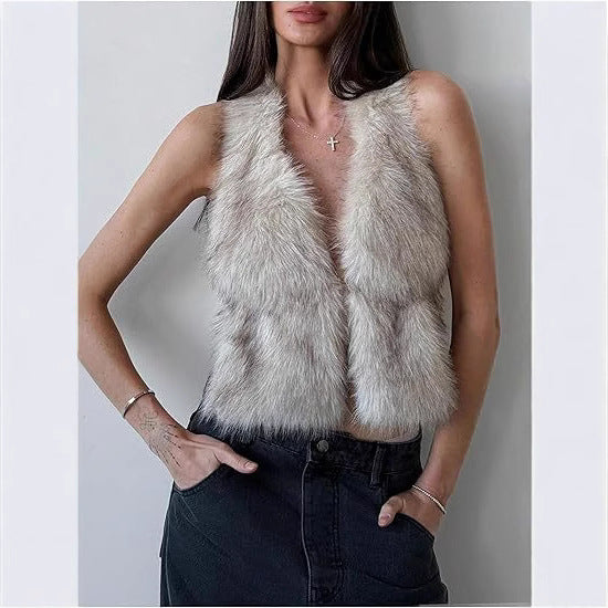 Women's Sleeveless Cropped Faux Fur Set with Mini Skirt and Fluffy Cuffs Mune Fashion