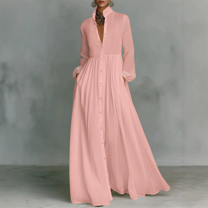 Ladies Maxidress with stand-up collar, continuous button placket, waist-high gathering and side pockets Mune Fashion