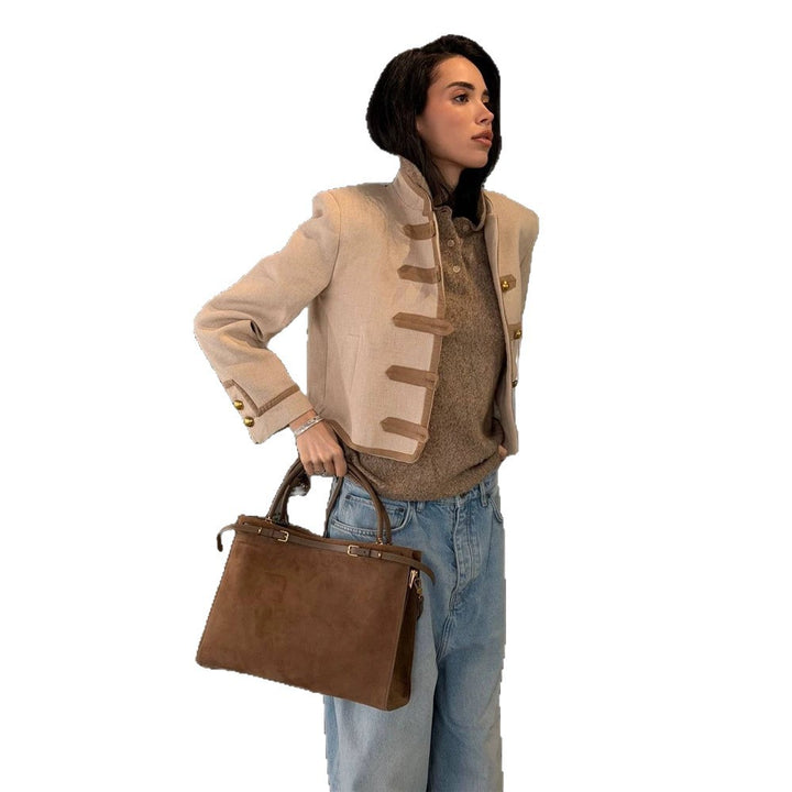 Women's Short Military-Inspired Jacket with Stand-Up Collar and Decorative Button Placket Mune Fashion