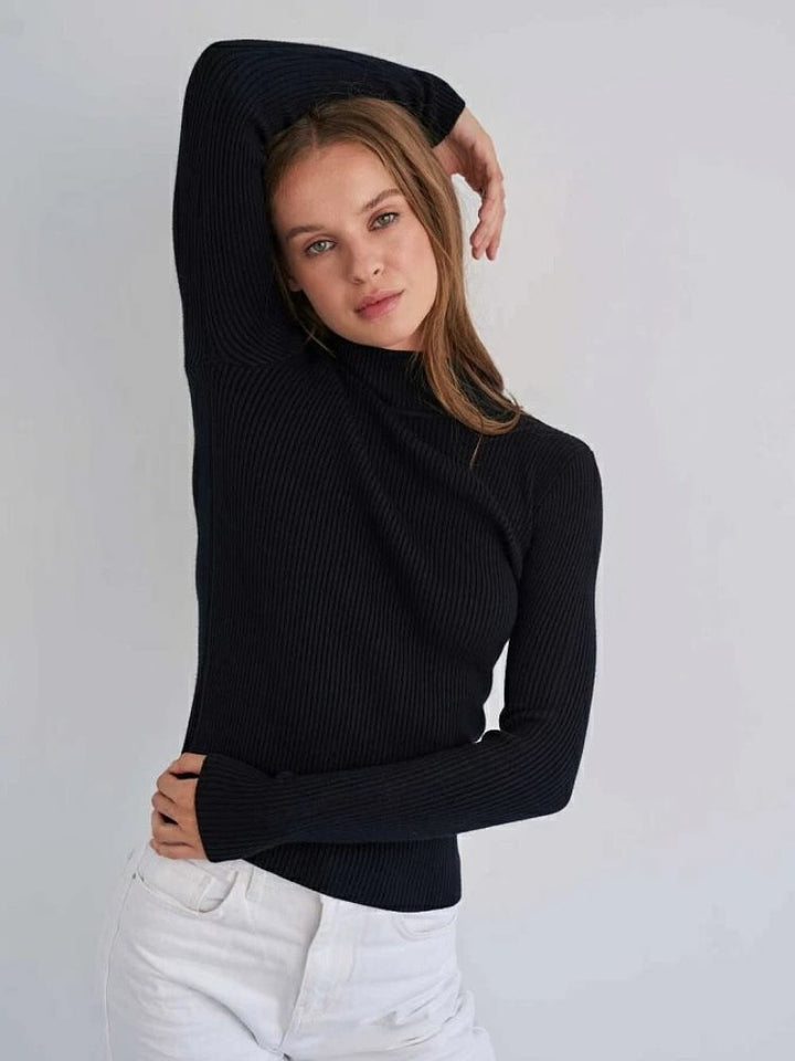 Women's Short-Cut Ribbed Turtleneck Sweater with Fitted Cut Mune Fashion