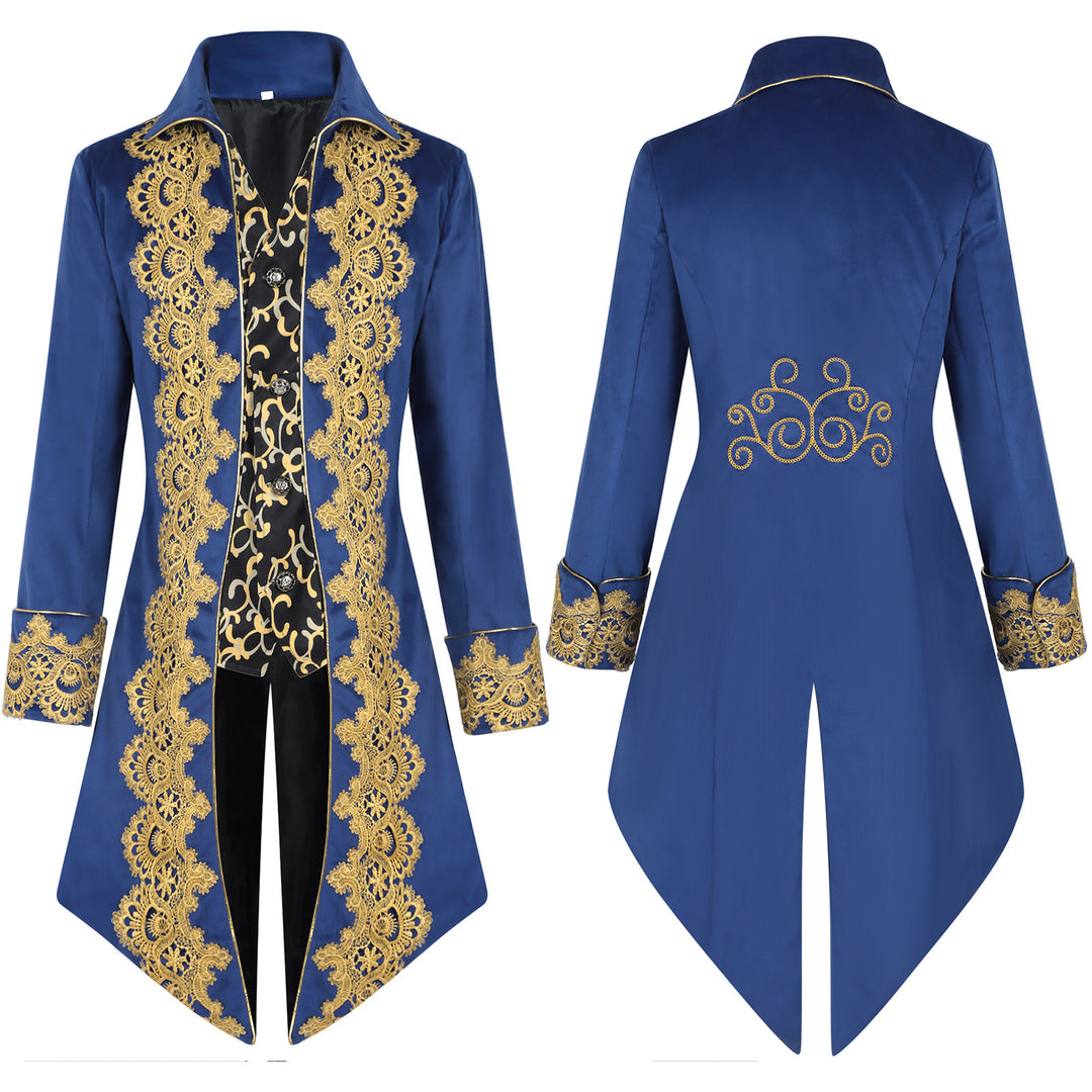 Men's opulent tailcoat with golden lace embroidery and curved swallowtail section Mune Fashion