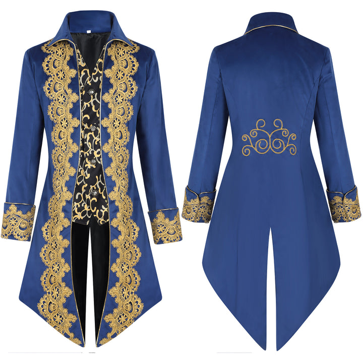 Men's opulent tailcoat with golden lace embroidery and curved swallowtail section Mune Fashion