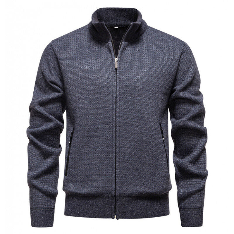 Men's Textured Zip Knit Cardigan with Stand Collar, Waffle Texture and Zipper Pockets Mune Fashion
