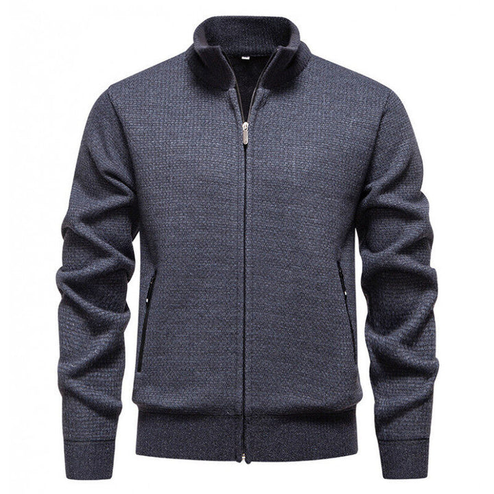 Men's Textured Zip Knit Cardigan with Stand Collar, Waffle Texture and Zipper Pockets Mune Fashion