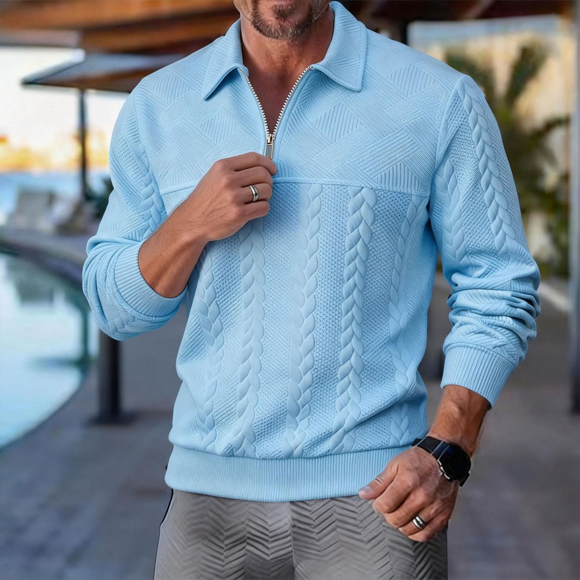 Men's structured half-zip pullover with turtleneck, cable pattern and finely ribbed cuffs Mune Fashion