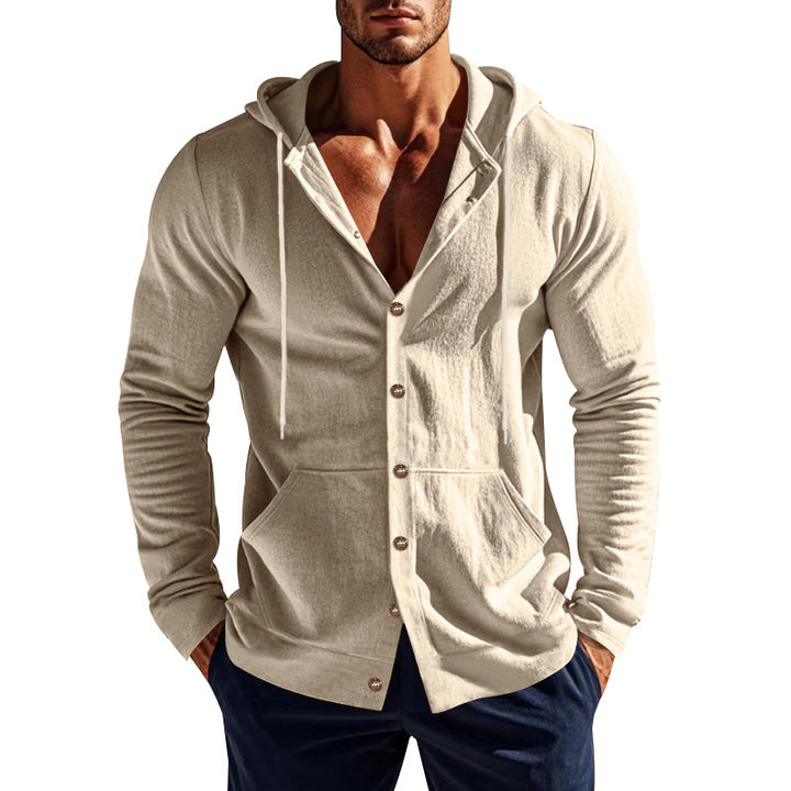Men's casual hooded jacket with button closure, kangaroo pocket, and fitted cut Mune Fashion
