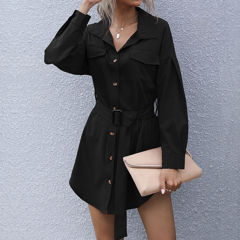Women's short shirt dress in safari style with tie belt and patch chest pockets Mune Fashion
