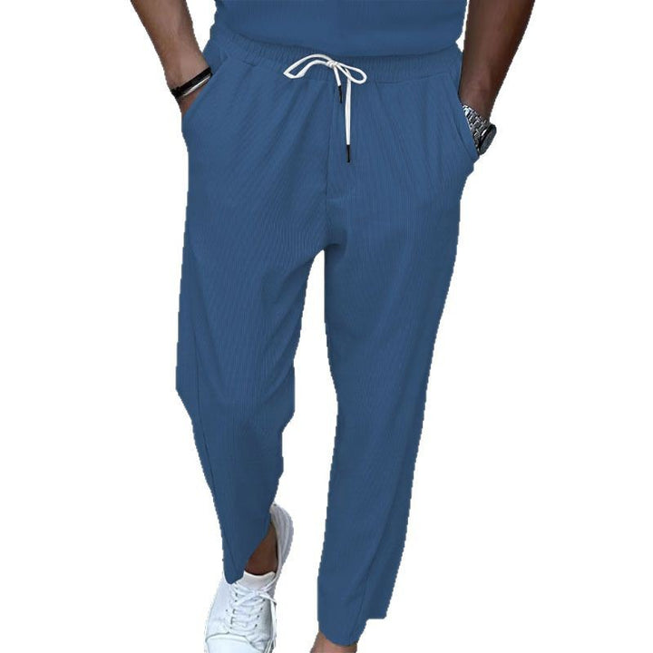 Men's breathable linen blend chino pants with elastic drawstring waistband, subtle crease and side pockets Mune Fashion