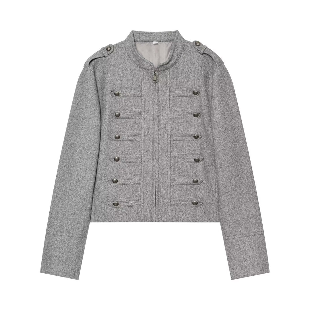 Women's Short Jacket Military-inspired Wool Blend Cropped Jacket with Stand Collar, Epaulettes and Decorative Button Placket Mune Fashion