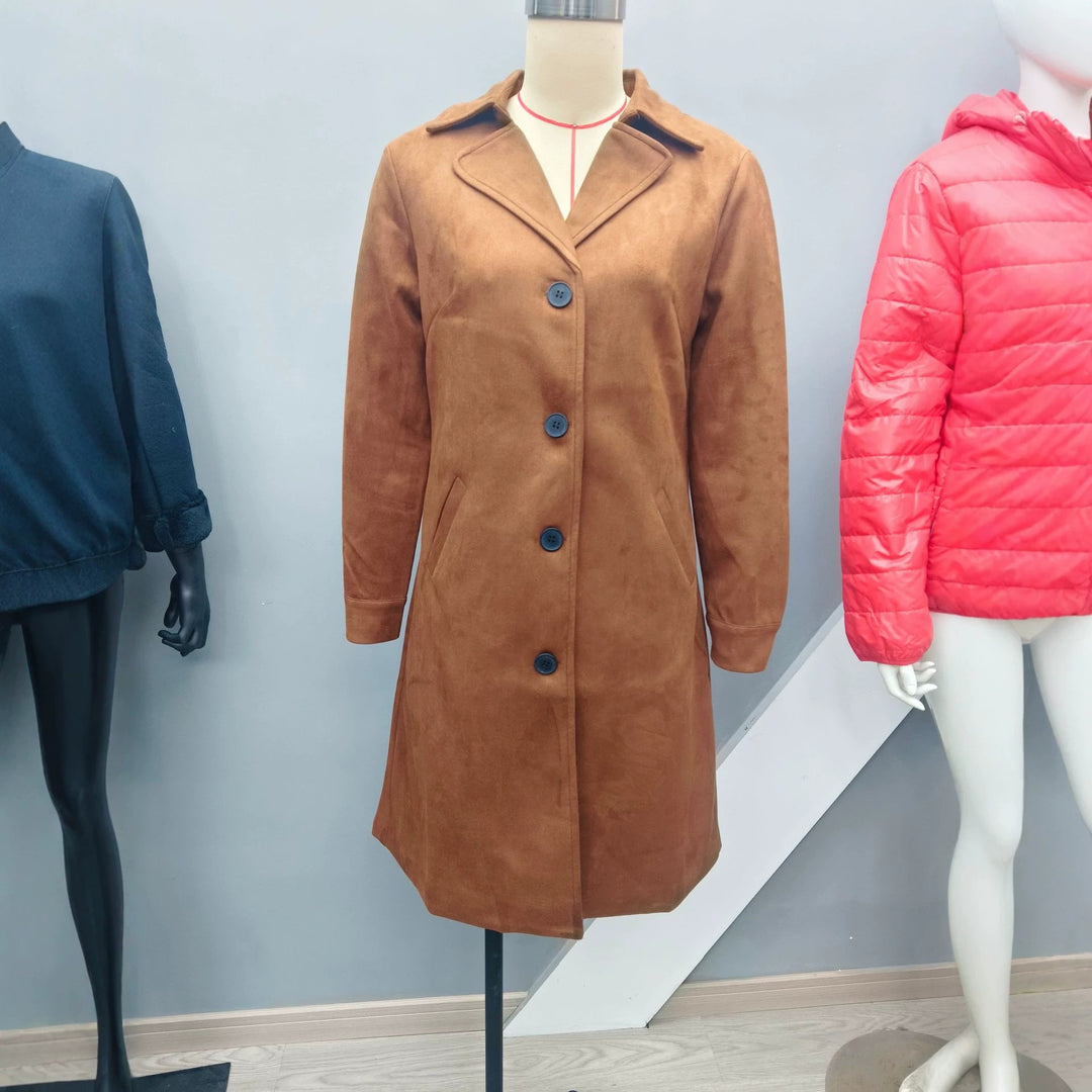 Ladies nan longer velour imitation coat with classic lapels, distinctive button placket and angled pockets Mune Fashion