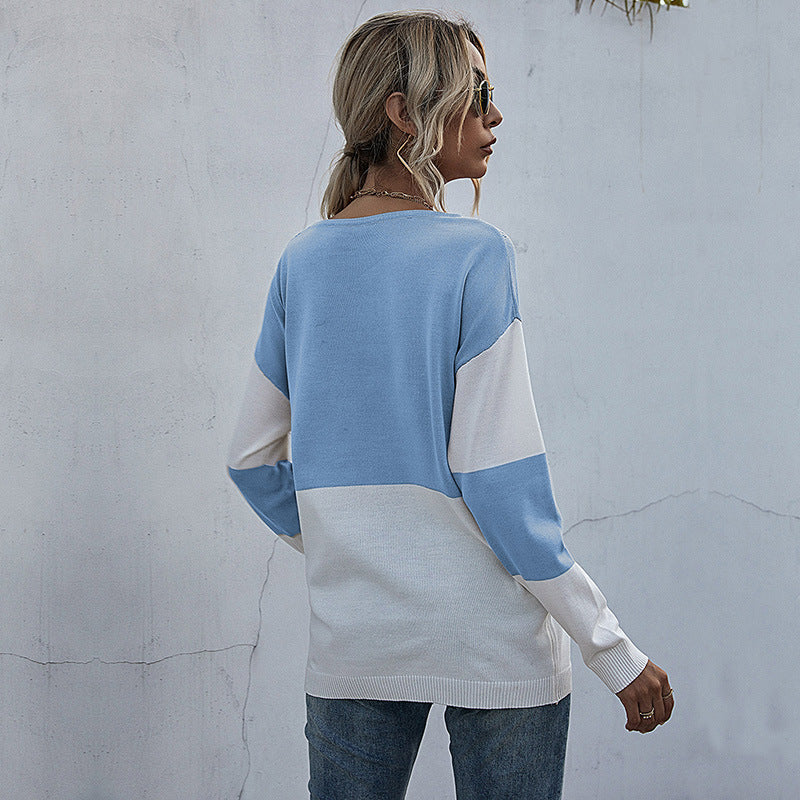 Women's Casual Knitted Sweater with V-Neck and Color Block Mune Fashion