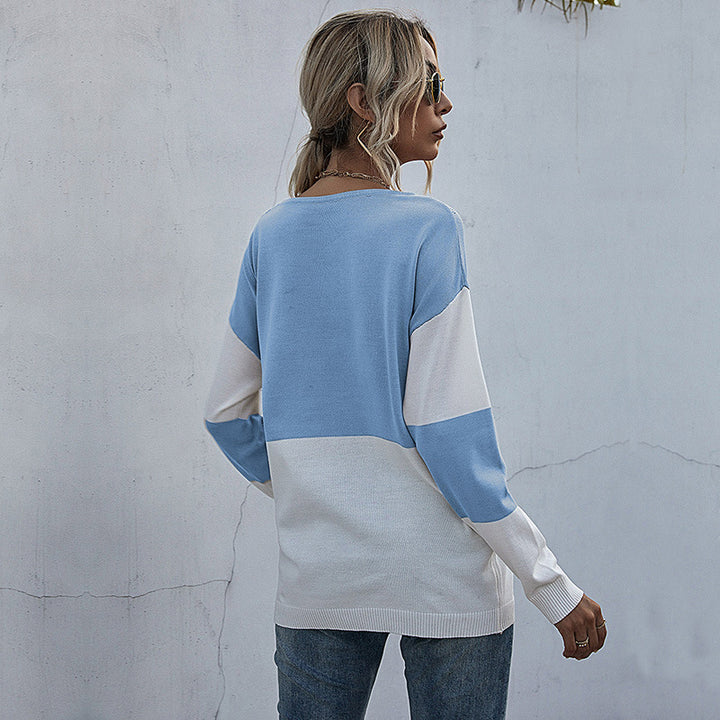 Women's Casual Knitted Sweater with V-Neck and Color Block Mune Fashion