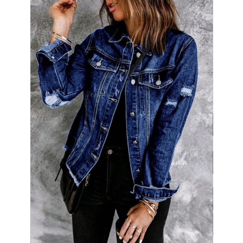 Women Tailored Denim Jacket with Destroyed Accents, Patch Pockets, and Visible Quilted Stitching Mune Fashion