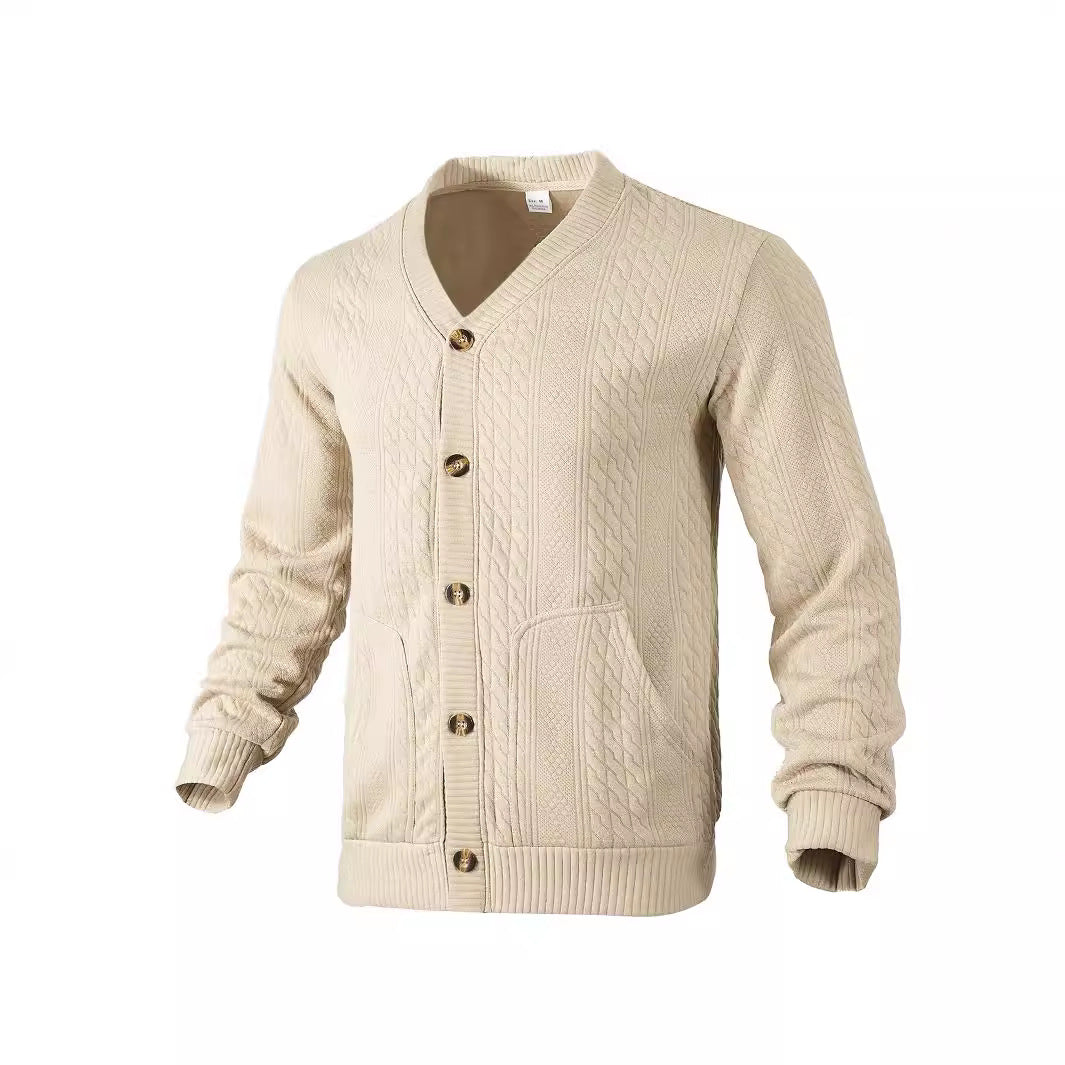 Men's elegant braided knit cardigan with V-neck button placket and patch pockets Mune Fashion