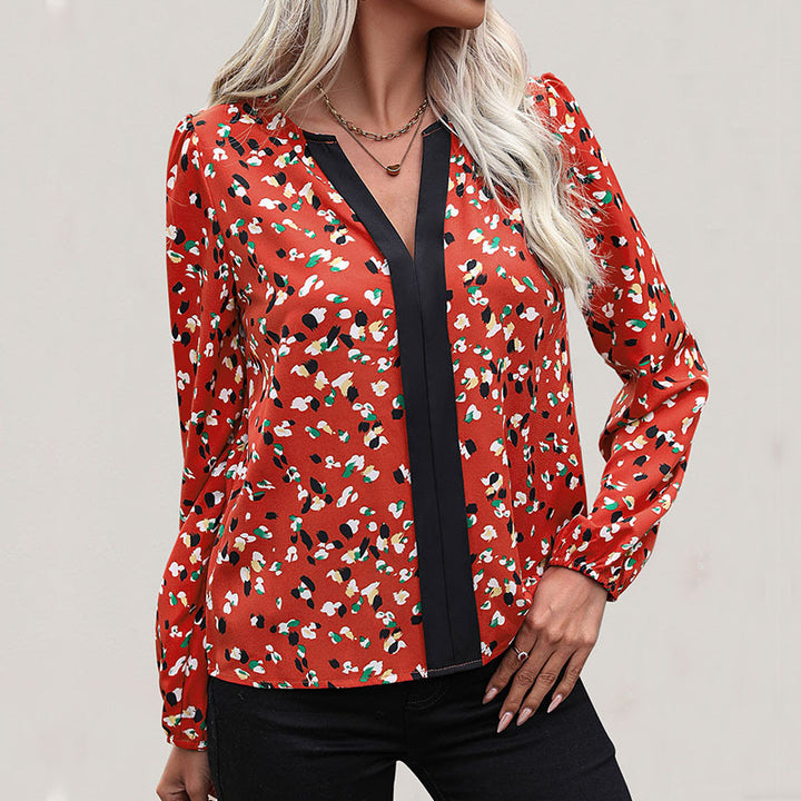 Women Lightweight Long Sleeve Blouse with Contrasting Trim and Abstract Allover Print Mune Fashion