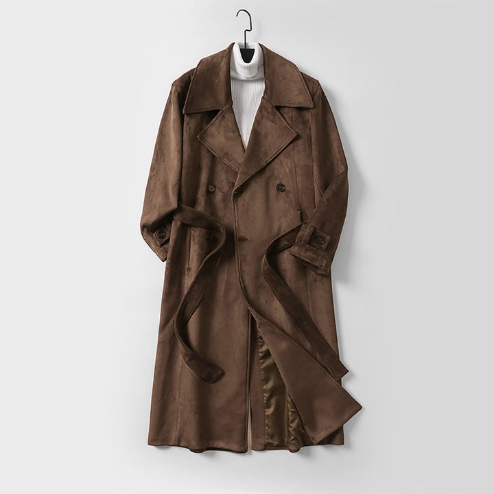 Men's Maxi Length Trench Coat in Suede Look with Double Breasted and Waist Belt Mune Fashion