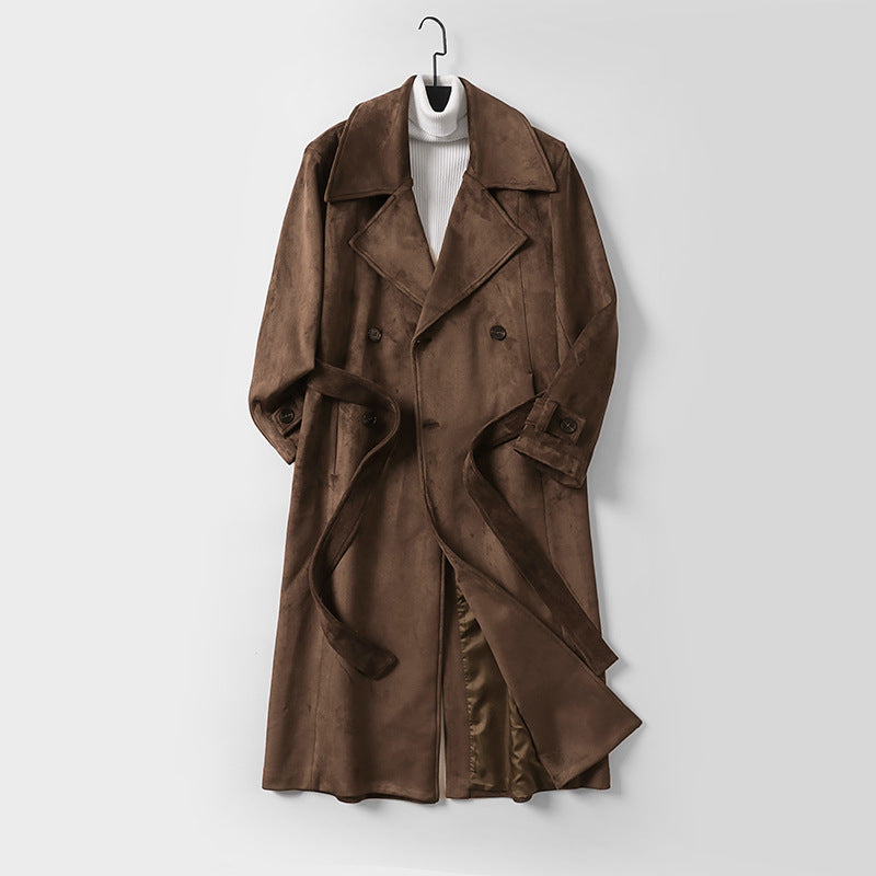 Men's Maxi Length Velour Coat in Trench Look with Wide Lapels and Belt Mune Fashion