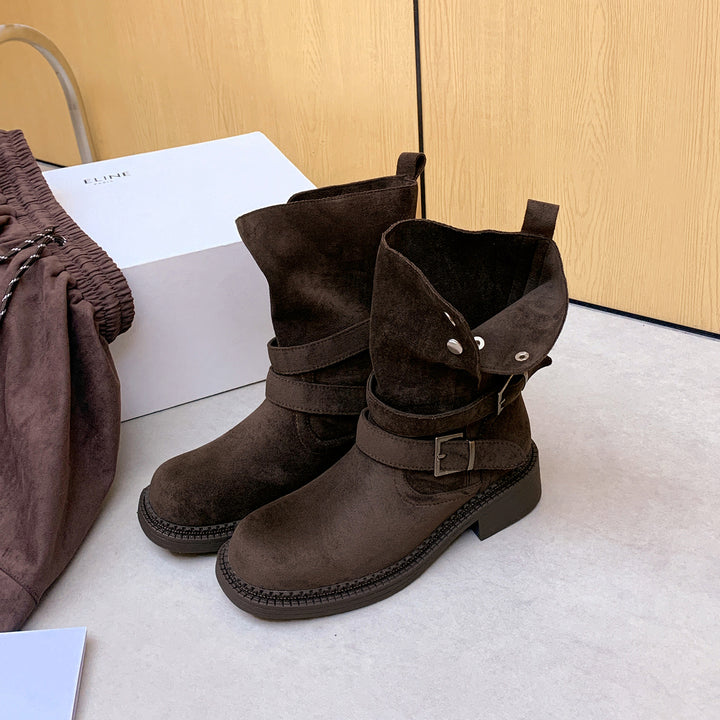 Women's Short Shaft Biker Boot made of Suede with Adjustable Buckles and Distinctive Block Heel Mune Fashion