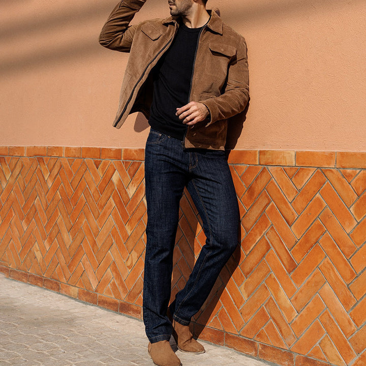 Men's short jacket made of fine corduroy with a shirt collar, zipper, and flap pockets Mune Fashion
