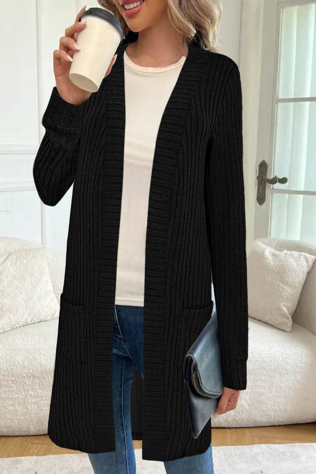 Women Longline Ribbed Knit Cardigan with Pockets Mune Fashion