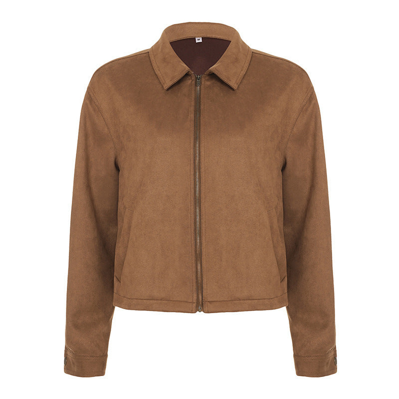 Women's Short-cut Suede Look Blouson Jacket with Shirt Collar and Zipper Mune Fashion