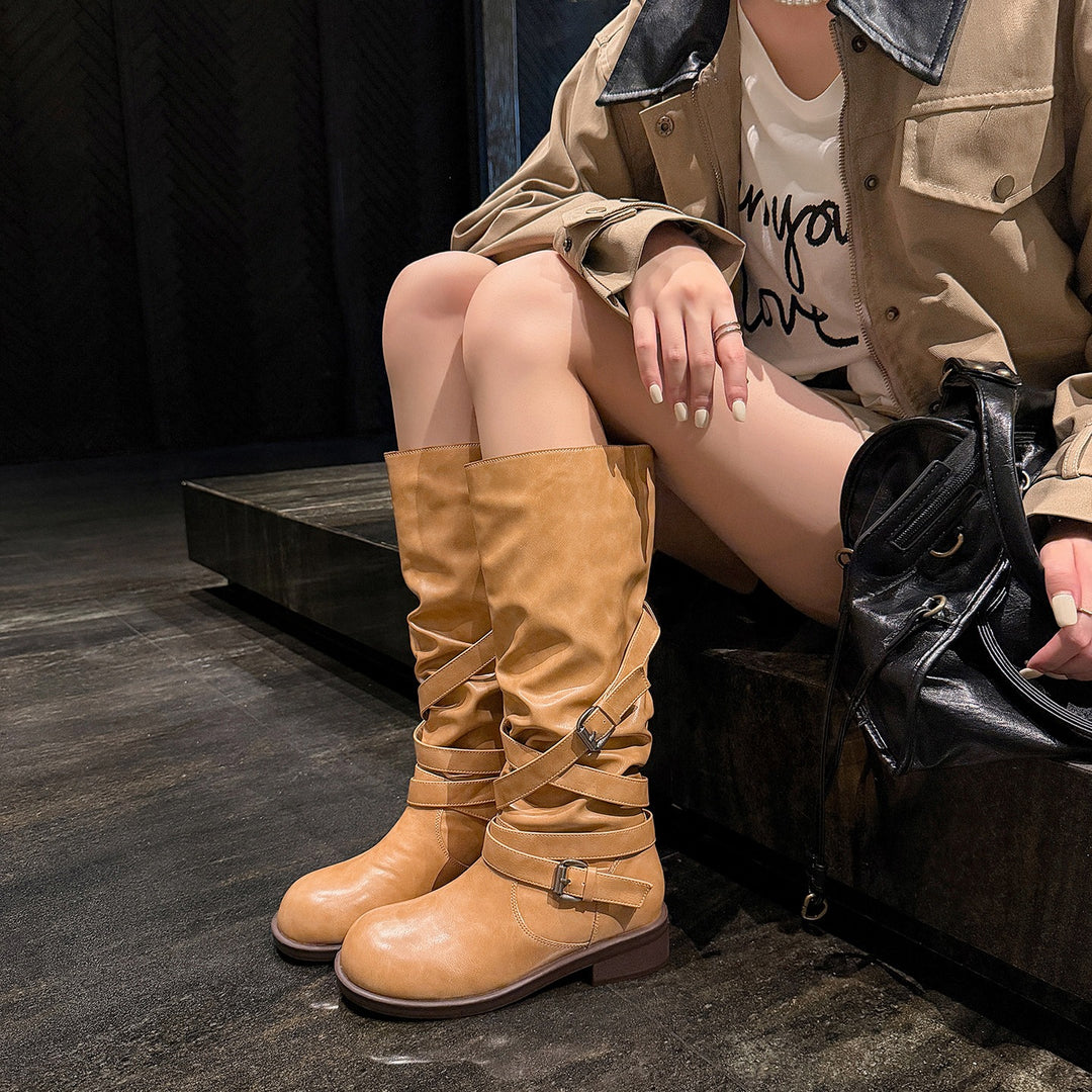 Women’s Knee-High Biker Boots with Wrap Straps and Adjustable Buckles Mune Fashion