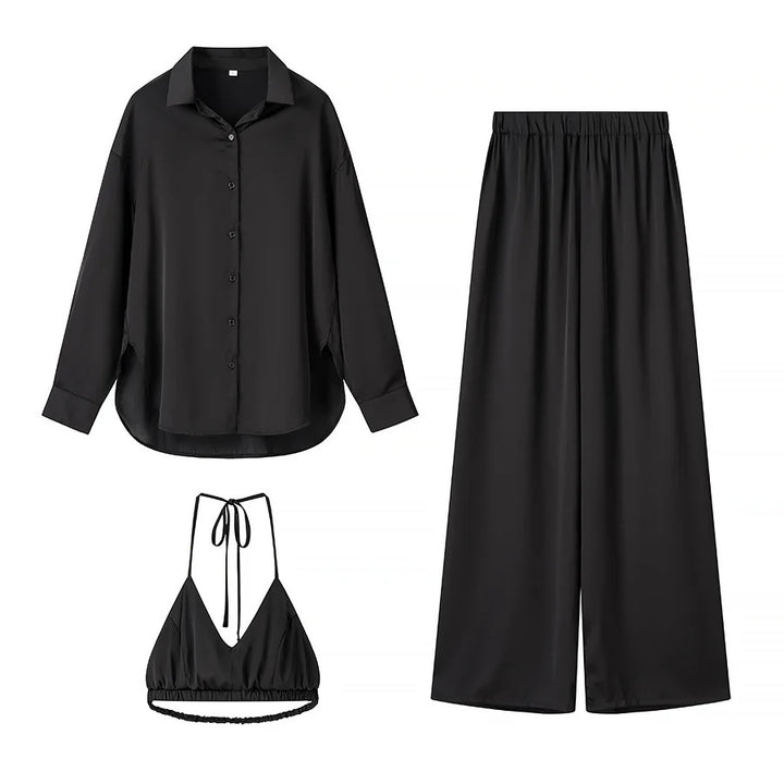 Ladies' elegant three-piece set oversize shirt high waist wide leg trousers and halter crop top Mune Fashion