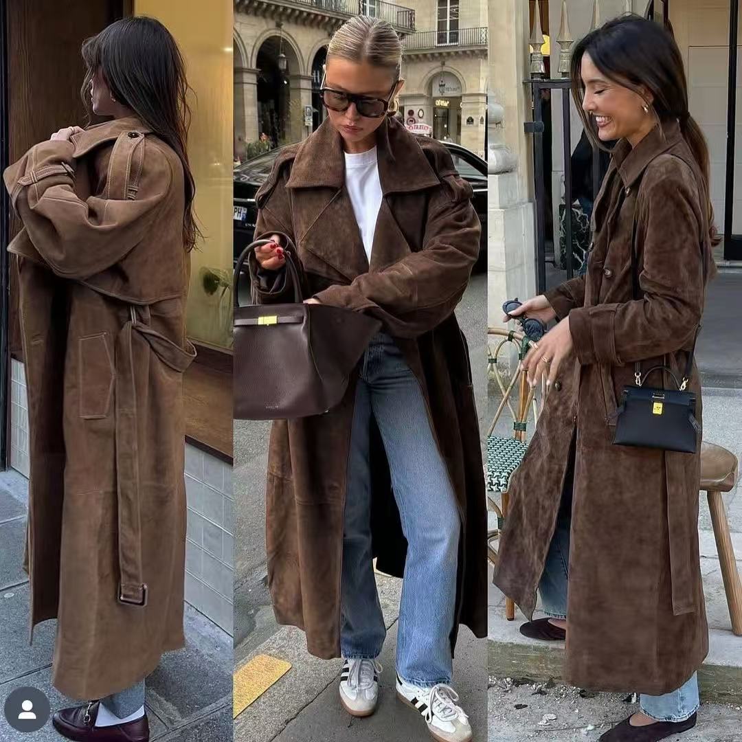 Women Mid-length Oversize Trench Coat made of Suede Look with double-breasted button placket, shoulder epaulets and tie belt Mune Fashion