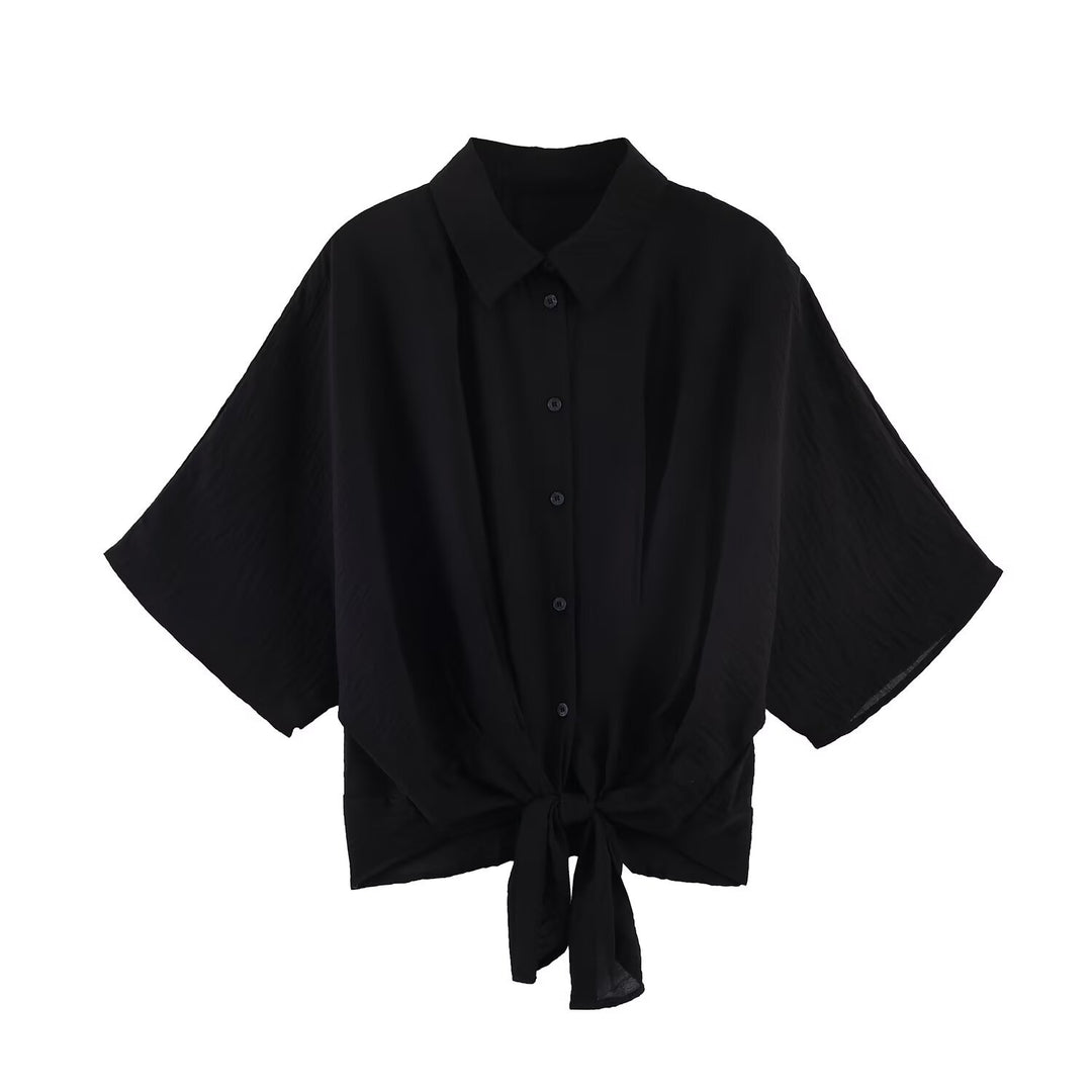 Women Striped Oversize Blouse with Kimono Sleeves and Knot Front Mune Fashion