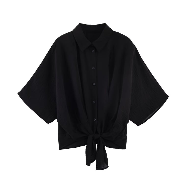 Women Striped Oversize Blouse with Kimono Sleeves and Knot Front Mune Fashion