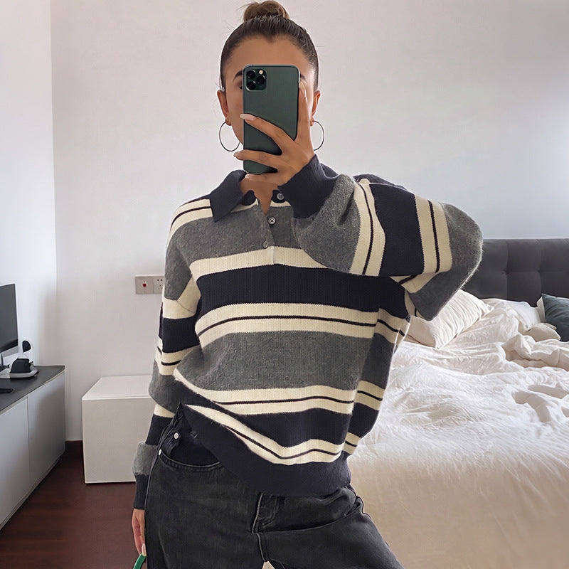 Women's Oversized Knit Sweater with Polo Collar, Stripe Pattern and Button Placket Mune Fashion