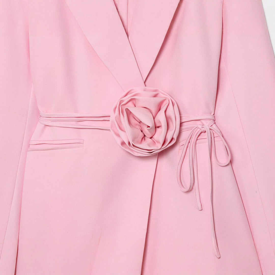 Women's Tailored Blazer with Decorative Rose Belt and Revers Collar Mune Fashion