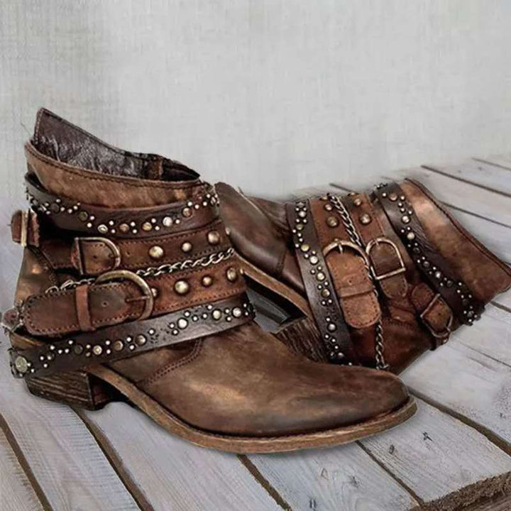 Women's Western Ankle Boots with decorative buckle straps, studs, and chains Mune Fashion