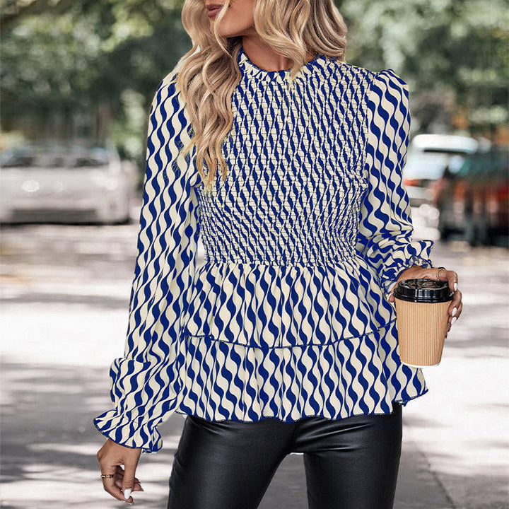 Women's patterned smock blouse with ruffle peplum and stand-up collar Mune Fashion