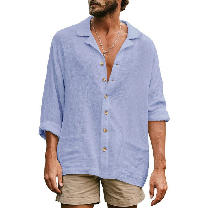 Men's airy cotton gauze shirt with open lapel collar, full button placket, and patch pockets Mune Fashion