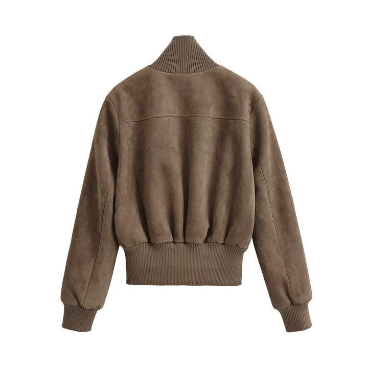 Women's short-cut suede-look bomber jacket with large flap pockets Drune
