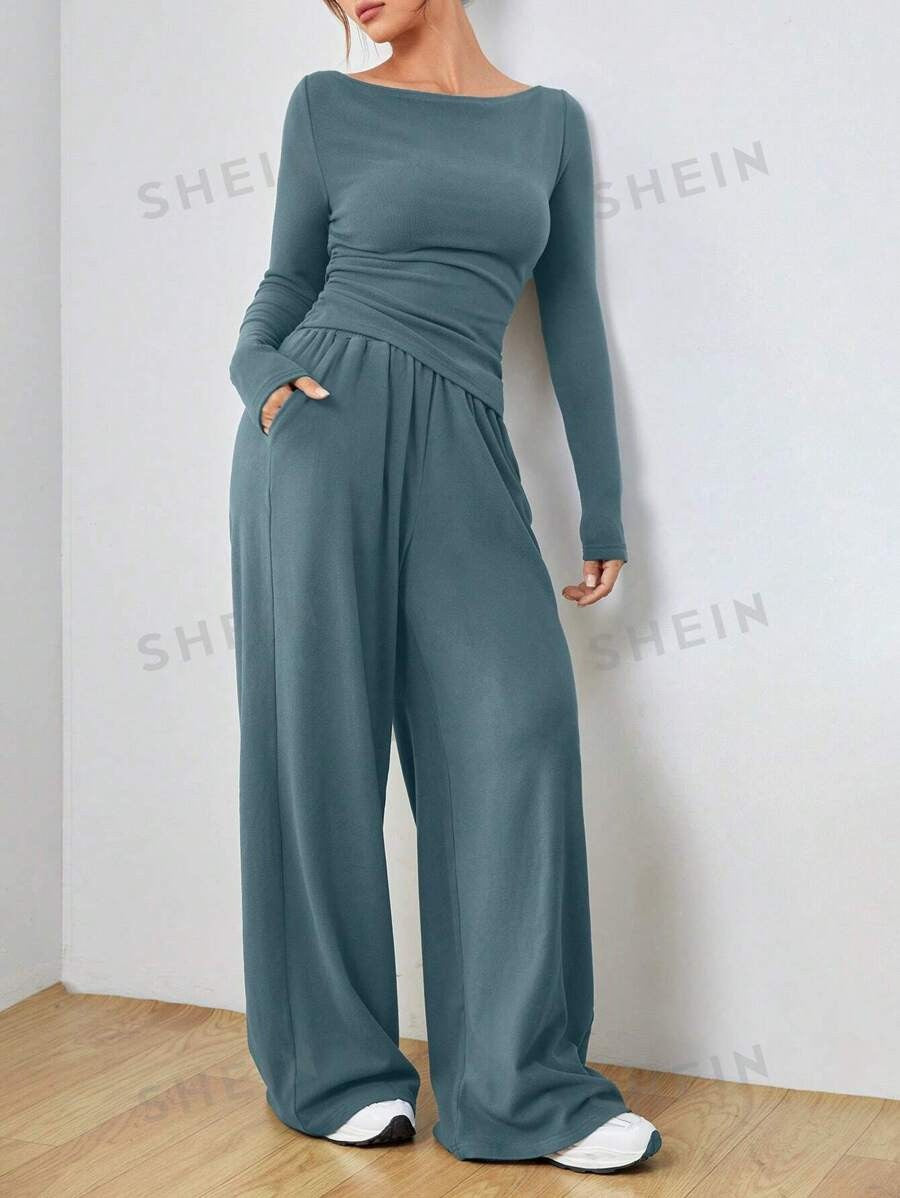 Women's Casual Two-Piece Lounge Set with Boat Neck, Tailored Draping and Wide Palazzo Pants Mune Fashion