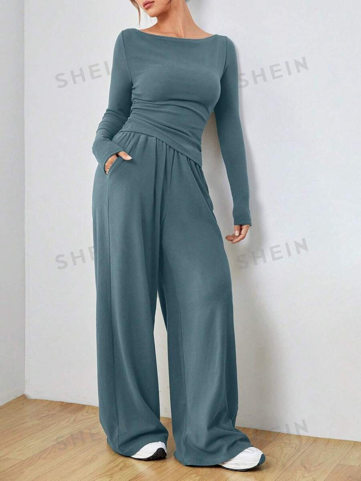 Women's Casual Two-Piece Lounge Set with Boat Neck, Tailored Draping and Wide Palazzo Pants Mune Fashion