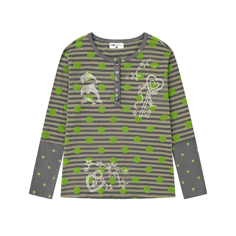 Women Striped Henley Long Sleeve Shirt with Contrast Sleeves, Star Print and Decorative Stone Motifs Mune Fashion