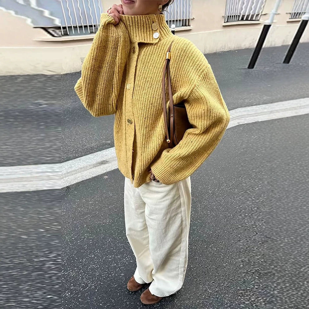 Women Oversize Cardigan with Rib Structure and Stand-Up Collar Mune Fashion