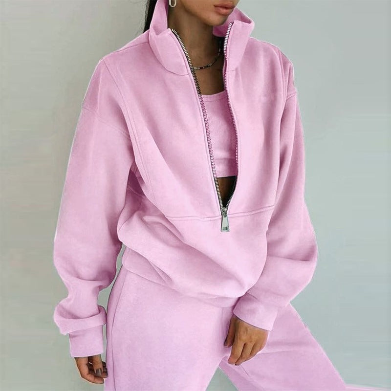 Ladies nan short half-zip sweatshirt and jogging pants set with stand-up collar, oversized cut and soft French terry Mune Fashion